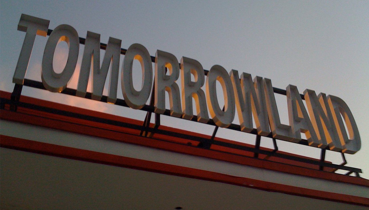 Exterior signage on the historic Tomorrowland building